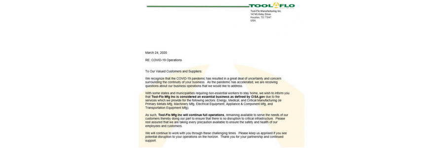 美國(guó)TOOLFLO關(guān)于COVID-19冠狀病毒疫情通告
